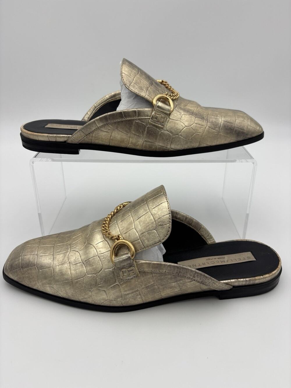 Stella McCartney Reptile Embossed Mules Loafers Size 38 / 8 Chain Accent Gold